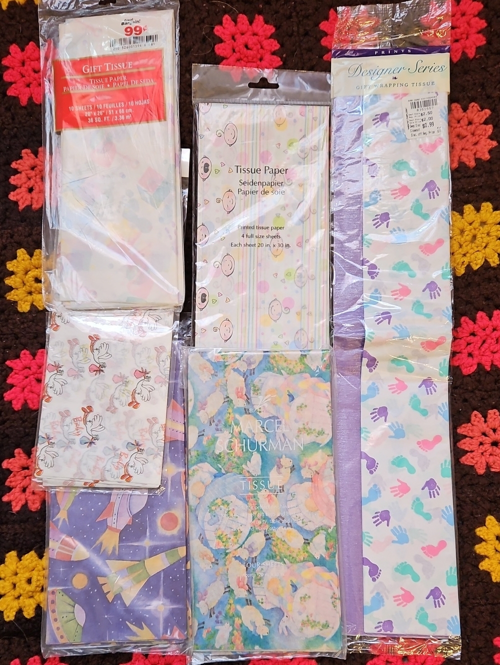 Lot of 6 Packages of Printed Tissue Paper Vintage & Newer Baby Kid Themes